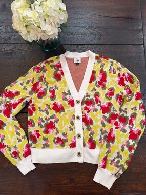 Coastal Grandmillennial Cabi Garden Cardigan Vibrant Floral Puff Sleeve Small